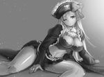  arm_support breasts captain_liliana crop_top freeze-ex greyscale hat jolly_roger large_breasts long_hair lying midriff miniskirt monochrome on_side one_eye_closed pirate pirate_hat pouty_lips queen's_blade sketch skirt skull_and_crossed_swords solo very_long_hair 