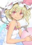  ball beachball blonde_hair chikado demon_wings dress duplicate fang flandre_scarlet flat_chest hat hat_ribbon looking_at_viewer mob_cap red_eyes red_ribbon ribbon side_ponytail solo sundress tan touhou upper_body wings 