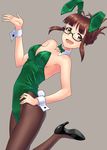  akizuki_ritsuko animal_ears bare_shoulders black_legwear bow bowtie breasts bunny_ears bunny_girl bunny_tail bunnysuit cleavage detached_collar fake_animal_ears from_side green_leotard hand_on_hip high_heels highres idolmaster idolmaster_(classic) kaimuu_(fahrenheit724) large_breasts leotard pantyhose solo tail wrist_cuffs 