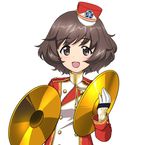  akiyama_yukari band_uniform blush brown_eyes brown_hair cymbals emblem girls_und_panzer gloves hat highres holding instrument jacket long_sleeves looking_at_viewer messy_hair official_art ooarai_(emblem) open_mouth short_hair smile solo standing upper_body white_background white_gloves 