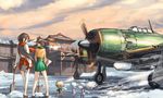  601_air_group_pilot_(kantai_collection) :d aircraft airplane akagi_(kantai_collection) brown_eyes closed_eyes cloud doraxi fairy_(kantai_collection) highres hip_vent hiryuu_(kantai_collection) japanese_clothes kantai_collection long_hair miniskirt multiple_girls open_mouth profile propeller scarf shovel skilled_carrier-based_aircraft_maintenance_personnel skirt sky smile snow thighhighs winter zettai_ryouiki 