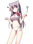  animal_ear_fluff animal_ears bell bell_collar blush breasts cat_ears cat_lingerie collar cowboy_shot jingle_bell long_hair medium_breasts meme_attire navel panties patchouli_knowledge paw_pose purple_eyes purple_hair side-tie_panties simple_background solo touhou underwear usume_shirou white_background 