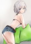  anastasia_(idolmaster) ass back belt bikini_top blue_eyes breasts cowboy_shot denim denim_shorts flat_ass from_side halterneck idolmaster idolmaster_cinderella_girls leaning_forward mirror_image nannacy7 open_mouth pillow revision short_hair short_shorts shorts sideboob silver_hair small_breasts solo thighs 