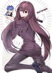  1girl angry bad_id bad_pixiv_id blue_hair chibi clock fate/grand_order fate/prototype fate/stay_night fate_(series) formal high_heels highres kon_manatsu lancer long_hair looking_back pantyhose parted_lips purple_hair red_eyes scathach_(fate)_(all) scathach_(fate/grand_order) 
