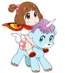  brown_eyes brown_hair child crossover hair_bobbles hair_ornament kill_la_kill mako_(macomaco7) mankanshoku_mako riding scarf senketsu senketsu_(scarf) short_hair side_ponytail sitting unico unico_(character) unicorn white_background younger 