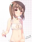  artist_name bell blush body_writing breast_conscious brown_eyes brown_hair cat_cutout cat_lingerie cleavage_cutout collarbone flat_chest hair_between_eyes headband headgear highres jingle_bell kantai_collection looking_at_viewer marker meme_attire navel panties short_hair side-tie_panties solo stomach sweatdrop taihou_(kantai_collection) underwear underwear_only youqiniang 