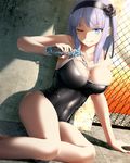  ;q arm_support bangs bare_shoulders black_flower black_rose black_school_swimsuit black_swimsuit blue_eyes blunt_bangs blush bottle breasts bursting_breasts chain-link_fence cleavage collarbone competition_school_swimsuit concrete covered_navel dagashi_kashi dutch_angle fence fingernails flower hair_flower hair_ornament hair_ribbon hairband haribote_(tarao) large_breasts lavender_hair legs looking_at_viewer nail_polish off_shoulder on_ground one-piece_swimsuit one_eye_closed outdoors pouring purple_hair ramune red_nails ribbon ringed_eyes rose school_swimsuit shadow shidare_hotaru shiny shiny_clothes short_hair sitting smile solo strap_slip sunlight swimsuit thighs tongue tongue_out wet yokozuwari 