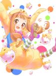  animal_costume bird bow brown_eyes brown_hair chick chick_costume cosplay egg highres hiyokotori ichihara_nina idolmaster idolmaster_cinderella_girls kigurumi open_mouth polka_dot polka_dot_background smile solo star striped striped_legwear 