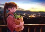  absurdres bag bangs blue_hair blurry blush city_lights cityscape cloud depth_of_field dusk evening food from_side groceries hair_ribbon hakama highres holding holding_bag houshou_(kantai_collection) japanese_clothes kantai_collection kimono lettuce long_hair looking_at_viewer object_hug okitsugu open_mouth outdoors paper_bag ponytail railing ribbon sky smile solo spring_onion sunset tasuki tomato vegetable wide_sleeves 