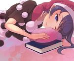  blob blue_eyes blue_hair book doremy_sweet dream_soul dress hat lying nightcap one_eye_closed pom_pom_(clothes) shirt short_hair skirt smile solo touhou yasakae 