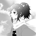  bow greyscale hair_bow haori japanese_clothes male_focus mole mole_under_eye monochrome ponytail rio_(rio_01) scarf solo touken_ranbu upper_body yamato-no-kami_yasusada 