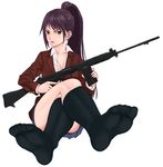 alternate_costume alternate_hairstyle battle_rifle black_legwear bullet buttons commentary_request cover_image fal_l1a1_(upotte!!) feet fn_fal gun jacket kneehighs l1a1 looking_to_the_side magazine_(weapon) magazine_ejection official_art purple_hair red_jacket rifle school_uniform solo tennouji_kitsune thighhighs undershirt upotte!! weapon yellow_eyes 