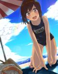  bad_id bad_pixiv_id beach_umbrella blurry brown_eyes brown_hair cloud cloudy_sky day depth_of_field dutch_angle highres i-401_(kantai_collection) kantai_collection kneeling koppeosechi leaning_forward lens_flare ponytail rainbow sandals sky skyline smile solo swimsuit umbrella 