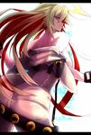  ass belt blonde_hair breasts gloves guilty_gear halo jack-o'_valentine large_breasts long_hair looking_at_viewer looking_back multicolored_hair red_eyes red_hair smile solo undressing very_long_hair yude 