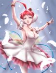  ahoge armpits arms_up ballerina bare_shoulders blue_eyes bracelet breasts cleavage crown dancing detached_sleeves dress feathers huge_ahoge impossible_clothes impossible_dress jewelry medium_breasts mincelot mini_crown multicolored_hair necklace pink_hair princess_tutu princess_tutu_(character) puffy_sleeves short_hair sideboob smile solo strapless strapless_dress watermark white_hair 