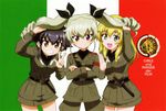  anchovy anzio_(emblem) anzio_military_uniform armband belt black_hair black_shirt blonde_hair braid brown_eyes carpaccio copyright_name cowboy_shot crossed_arms dress_shirt drill_hair emblem flag_background food girls_und_panzer green_eyes green_hair grin hair_ribbon holding_another's_hair italian_flag jacket knife long_hair long_sleeves military military_uniform miniskirt multiple_girls necktie official_art open_mouth pants pencil_skirt pepperoni_(girls_und_panzer) pizza red_eyes ribbon scan shirt short_hair side_braid skirt smile twin_drills twintails uniform w waving 