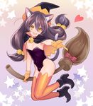  1boy animal_ear_fluff animal_ears areolae armpits bell broom broom_riding brown_hair bulge capelet cat_ears cat_tail catboy commentary_request crossdressing fang full_body gloves hair_bell hair_ornament hat heart high_heels highres kittysuit lavender_background leotard long_hair looking_at_viewer male_focus nipple_slip nipples open_mouth original otoko_no_ko oversized_breast_cup pointing reaching_out smile solo star starry_background tail thighhighs witch witch_hat yellow_eyes 