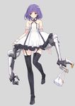  arm_garter bag bare_shoulders black_legwear carrying carrying_bag dress full_body garter_straps glasses grey_background looking_to_the_side mechanical_arms multiple_arms original pump_(pumpqmuq) purple_eyes purple_hair simple_background solo thighhighs 