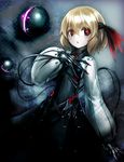  blonde_hair chromatic_aberration claws cyberpunk glowing glowing_eyes hair_ribbon highres long_sleeves looking_at_viewer red_eyes ribbon rumia shirt skirt skirt_set solo spark621 touhou vest 