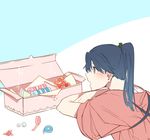  artificial_flower asakawa_(outeq) beads blue_hair blush box commentary hair_ribbon head_rest houshou_(kantai_collection) japanese_clothes kantai_collection kimono long_hair paper ponytail ribbon short_sleeves simple_background solo sparkle tasuki two-tone_background upper_body 