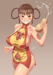  black_hair borrowed_character breasts brown_eyes china_dress chinese_clothes cleavage dated dress fulu_monkey gigantic_breasts gourd grin hair_rings halter_dress halterneck holding looking_at_viewer original shaking short_hair sideboob smile solo zheng 
