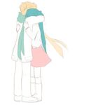  1girl blonde_hair boots hatsune_miku hikusa hug jacket kagamine_len kneehighs long_hair pants partially_colored pink_skirt scarf simple_background skirt source_request standing twintails vocaloid white_background 