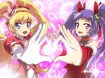  :d asahina_mirai black_hat blonde_hair bow choker cure_magical cure_miracle earrings elbow_gloves gloves hair_bow hairband hat heart heart_hands heart_hands_duo holding_hands izayoi_liko jewelry light_particles long_hair looking_at_viewer magical_girl mahou_girls_precure! mini_hat mini_witch_hat multiple_girls open_mouth pink_background pink_hat precure purple_eyes purple_hair red_bow ruby_style smile sparkle tom_(drpow) twintails upper_body white_gloves witch_hat 