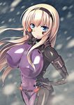  8000 blizzard blonde_hair blue_eyes bodysuit breasts cleavage covered_navel covered_nipples eyebrows eyebrows_visible_through_hair from_above frown glowing hairband hand_on_hip huge_breasts impossible_clothes irisdina_bernhard long_hair motion_blur muvluv pilot_suit purple_bodysuit schwarzesmarken shiny shiny_clothes skin_tight snow solo very_long_hair 