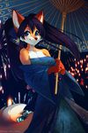  animal_ears blue_dress blue_eyes blue_hair breasts cleavage dress fireworks fox_girl fox_tail fur furry hair_ribbon long_hair long_sleeves looking_at_viewer medium_breasts no_humans oriental_umbrella original ribbon smile tail umbrella zengel 