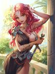  breasts brown_eyes cleavage day hand_in_hair heart heart-shaped_pupils holding holding_sword holding_weapon kakiman large_breasts lips long_hair looking_at_viewer open_mouth original outdoors red_hair sheath smile solo standing sword symbol-shaped_pupils unsheathing weapon 
