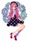  ;o bad_id bad_pixiv_id beret black_hat black_skirt blouse buttons floral_print full_body hat high-waist_skirt high_heels highres lavender_legwear leaf leaf_background lips long_hair long_skirt looking_at_viewer mero one_eye_closed original parted_lips pink_hair red_footwear shoes simple_background skirt socks solo very_long_hair wavy_hair 