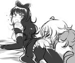  2girls anilingus ass ass_grab black_hair blake_belladonna bow convenient_censoring eyes_closed face_in_ass female fingerless_gloves friends gloves long_hair looking_at_another looking_back lying moaning monochrome multiple_girls ndgd_(bean1215) on_stomach open_mouth oral rwby surprised yang_xiao_long yuri 