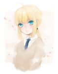  ahoge artoria_pendragon_(all) blonde_hair fate/stay_night fate_(series) green_eyes long_hair looking_at_viewer medemoisellecu necktie petals ponytail saber sidelocks solo sweater upper_body 