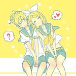  1girl ? blonde_hair blush closed_eyes hair_ribbon heart kagamine_len kagamine_rin leaning_on_person leaning_to_the_side lowres ribbon ryou_(fallxalice) short_hair sitting smile v_arms vocaloid 