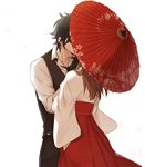  1girl black_hair brown_hair eyepatch female_saniwa_(touken_ranbu) hakama hetero implied_kiss japanese_clothes kiss miko oriental_umbrella petals red_hakama rio_(rio_01) saniwa_(touken_ranbu) shokudaikiri_mitsutada touken_ranbu umbrella 