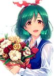  bouquet brown_eyes flower green_hair hairband idolmaster idolmaster_million_live! ima_(lm_ew) open_mouth smile solo tokugawa_matsuri 
