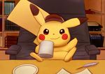  chair coffee_mug commentary_request cup deerstalker detective_pikachu feet_on_table gen_1_pokemon great_detective_pikachu:_the_birth_of_a_new_duo hat mug myuu_(mewsaur) no_humans pikachu plate pokemon pokemon_(creature) quill sitting smirk solo table tail 