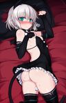  animal_ears ass bed black_gloves black_legwear blush breasts cat_ears cat_tail covered_nipples elbow_gloves fingerless_gloves frills gloves green_eyes heart-shaped_breath highres looking_at_viewer lying null_(nyanpyoun) on_side paw_pose pillow sanya_v_litvyak short_hair silver_hair small_breasts solo strike_witches sweat tail thighhighs world_witches_series 