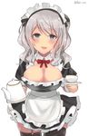  alternate_costume alternate_headwear apron blue_eyes blush breasts cup detached_collar downscaled edel_(edelcat) enmaided frills garter_straps highres kantai_collection kashima_(kantai_collection) large_breasts looking_at_viewer maid maid_apron maid_headdress md5_mismatch open_mouth puffy_short_sleeves puffy_sleeves resized short_sleeves silver_hair simple_background skirt solo teacup teapot thighhighs tsurime twintails twitter_username uniform wavy_hair white_background 