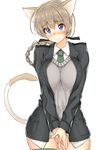  animal_ears blue_eyes blush body_mahattaya_ginga braid breasts brown_hair cat_ears hair_over_shoulder hair_ribbon hands_together large_breasts looking_at_viewer lynette_bishop necktie panties ribbon single_braid smile solo strike_witches sweater_vest tail thighhighs underwear uniform v_arms white_panties world_witches_series 