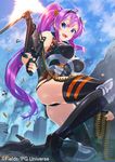  ahoge ammunition_belt blue_eyes gun is_ii long_hair m60 machine_gun magazine_(weapon) motion_blur official_art ponytail purple_hair solo the_soul_of_sevens thighhighs weapon 