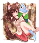  akatsuki_no_guuru animal_ears animalization blush brooch brown_hair dress fish highres imaizumi_kagerou jewelry long_hair long_sleeves open_mouth red_eyes revision smile solo tail touhou wakasagihime wakasagihime_(fish) wolf_ears wolf_tail 