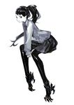  greyscale long_hair mechanical_legs monochrome original own_hands_together ponytail pump_(pumpqmuq) school_uniform scrunchie simple_background sitting skirt solo spot_color white_background 