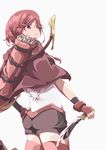  arrow bow_(weapon) braid cape cowboy_shot dagger fingerless_gloves from_behind gloves hai_to_gensou_no_grimgar hair_over_shoulder hand_on_hip highres knife long_hair looking_back migimaki_(migi_mawashi) quiver red_eyes red_hair red_legwear shorts simple_background single_braid smile solo thighhighs weapon yume_(grimgar) 