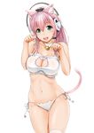  animal_band_legwear animal_ears bell bell_choker black_panties blush bra breasts cat_band_legwear cat_cutout cat_ear_panties cat_ears cat_lingerie cat_tail choker cleavage cleavage_cutout ganari_ryuu green_eyes headphones headset jingle_bell large_breasts long_hair looking_at_viewer meme_attire navel open_mouth original panties paw_pose pink_hair see-through shiny shiny_skin side-tie_panties simple_background smile solo super_tama_musume tail tamatoys taut_clothes thighhighs underwear underwear_only 