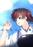  blue_sky brown_eyes brown_hair cloud commentary_request cover cover_page doujinshi furo_(harirate) hakama_skirt highres japanese_clothes kaga_(kantai_collection) kantai_collection long_hair looking_to_the_side lying muneate on_back open_mouth reflection ripples side_ponytail sky solo tasuki translation_request water 