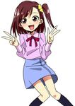  :d blue_skirt bow brown_hair cowboy_shot double_v looking_at_viewer midorikawa_haru n_i_n_o open_mouth precure purple_shirt red_bow shirt short_hair side_ponytail skirt smile smile_precure! solo v white_background 