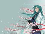  flower from_side gotronix green_hair grey_background half_updo high_ponytail japanese_clothes long_hair male_focus nikkari_aoe petals sheath solo sword touken_ranbu tree_branch unsheathing weapon 