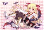  :3 :d ankoromochi argyle argyle_background bat blonde_hair boots collared_shirt fang frilled_skirt frills granblue_fantasy head_wings long_hair open_mouth outstretched_arms red_eyes shingeki_no_bahamut shirt skirt smile solo spread_arms tail thighhighs vampy wing_collar 