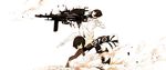  2girls :d assault_rifle bare_back bent_over bodysuit brown_hair firing gun highres huge_weapon mechanical_arm multiple_girls open_mouth original outstretched_leg oversized_limbs red_eyes rifle science_fiction shell_casing short_hair simple_background smile smoke weapon white_background 